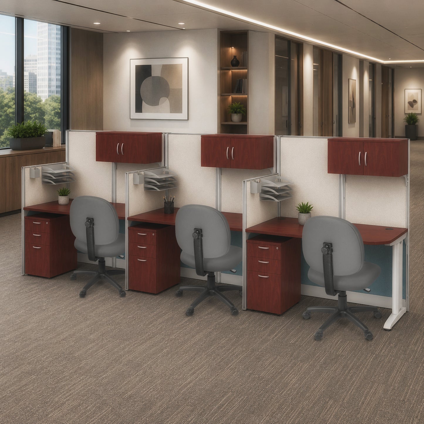 Regency Instant Office 3 Person In-Line Cubicle Panel Workstation with Storage 193"W x 33"D x 63"H (REG-WC36X92-03STGK-3P)