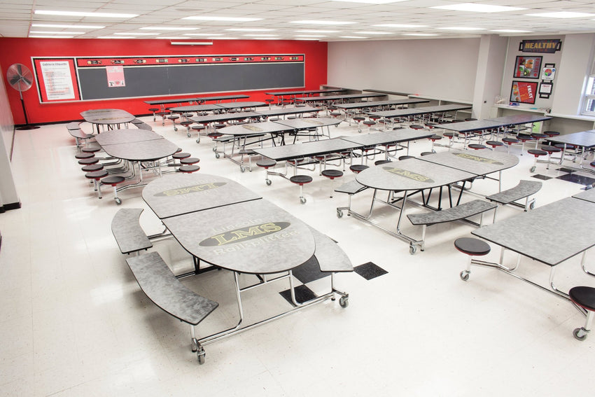 AmTab Mobile Bench Table - Elliptical - 46"W x 10'1"L - 4 Benches (AmTab AMT - MBE10) - SchoolOutlet
