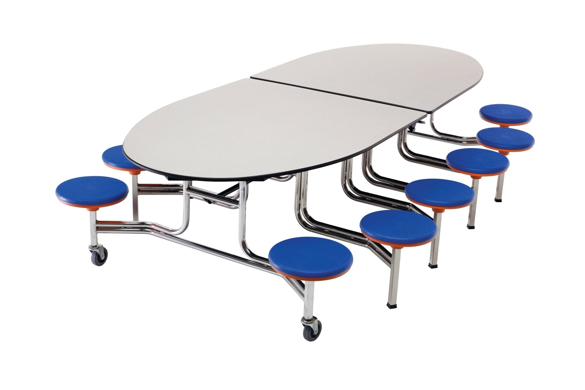 AmTab Mobile Stool Table - Elliptical - 46"W x 10'1" - 12 Stools (AmTab AMT - MSE1012) - SchoolOutlet