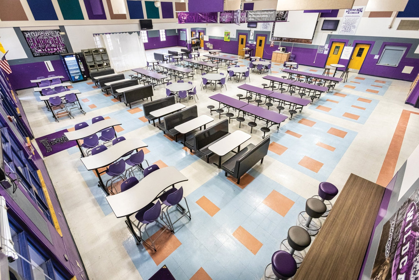 Lunchroom Mobile Stool Cafeteria Table - Rectangle - 30"W x 12'1"L - 12 Stools - (AmTab AMT - MST1212) - SchoolOutlet