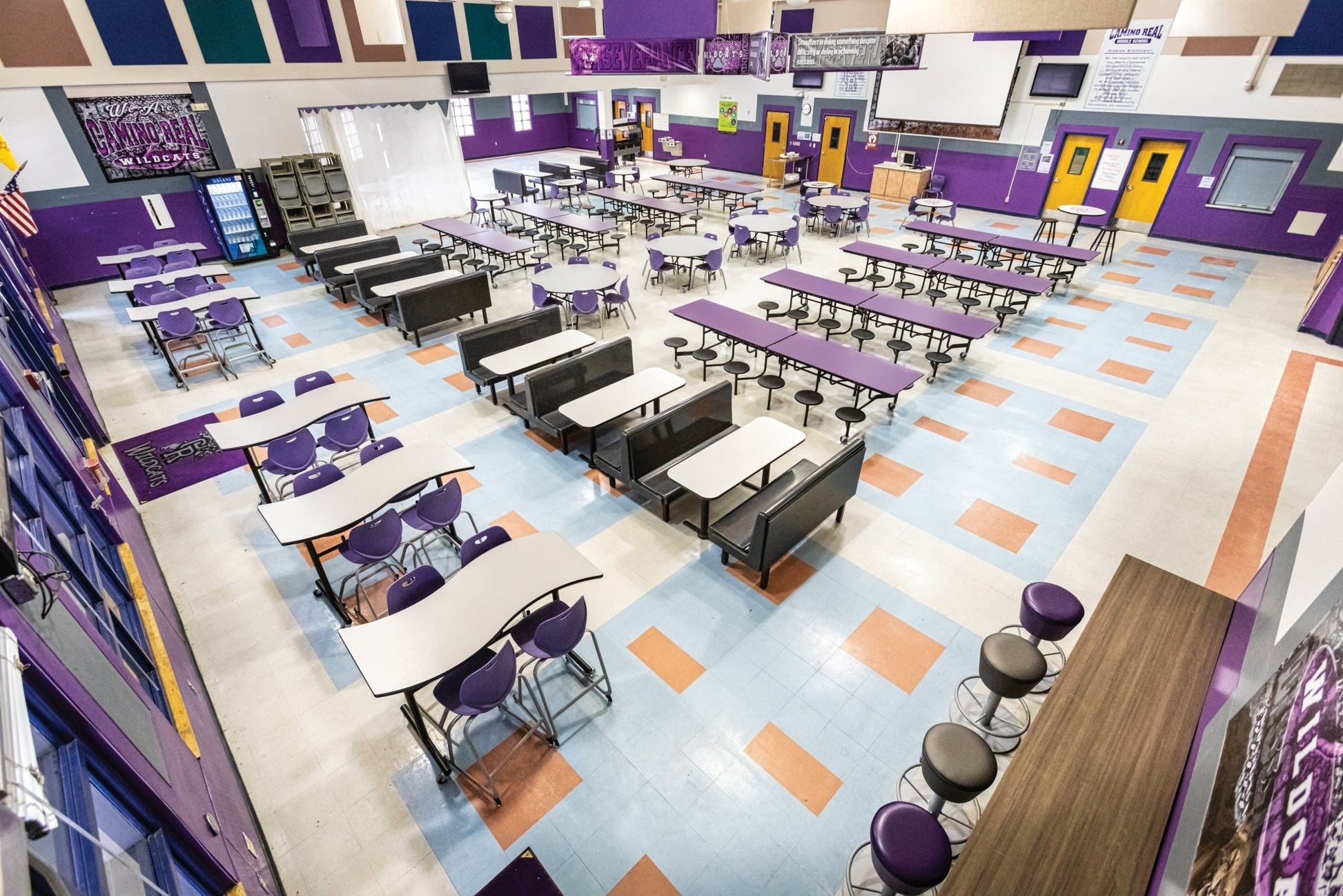 Lunchroom Mobile Stool Cafeteria Table - Rectangle - 30"W x 12'1"L - 12 Stools - (AmTab AMT - MST1212) - SchoolOutlet