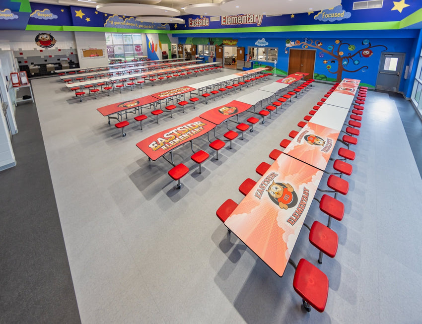 Lunchroom Mobile Stool Cafeteria Table - Rectangle - 30"W x 12'1"L - 12 Stools - (AmTab AMT - MST1212) - SchoolOutlet