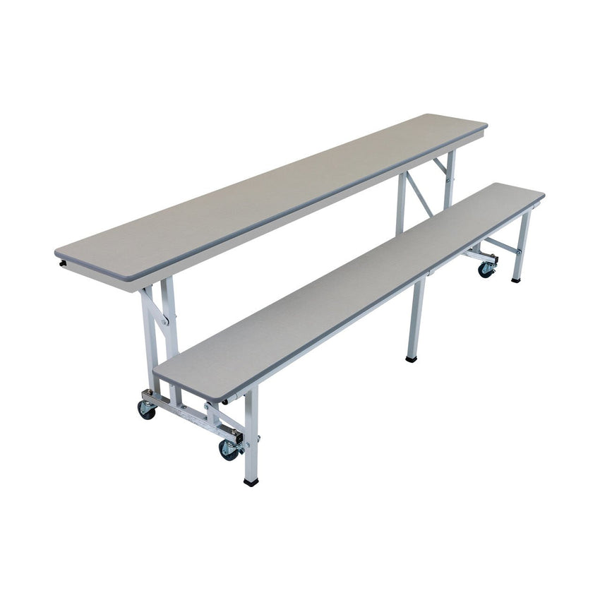 AmTab All - In - One Mobile Convertible Bench - 96"L White Metal Frame, Chambray Gris Laminate Top with Silver Dyna Rock Edge (QUICK - ACB8 - CGSW) - SchoolOutlet
