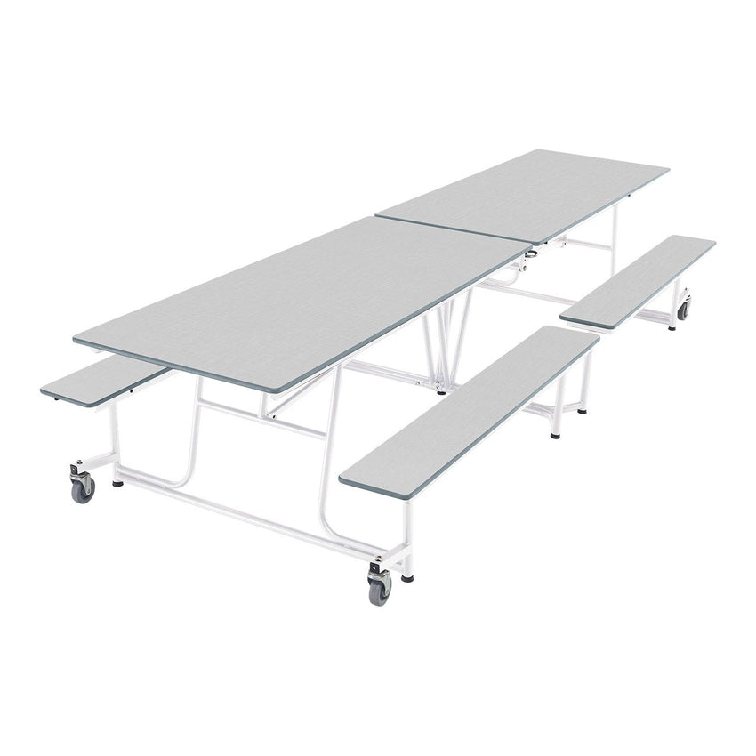 AmTab Mobile Bench Table - Rectangle - White Metal Frame Chambray Gris Laminate Top with Silver Dyna Rock Edge - 30"W x 12'1"L (QUICK - MBT12 - CGSW) - SchoolOutlet