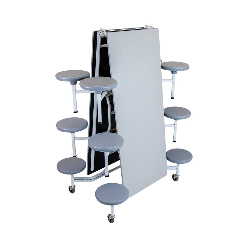 AmTab Mobile Stool Cafeteria Table - White Metal Frame Chambray Gris Laminate Top with Silver Dyna Rock Edge - 30"W x 12'1"L - 12 Stools (QUICK - MST1212 - CGSW) - SchoolOutlet