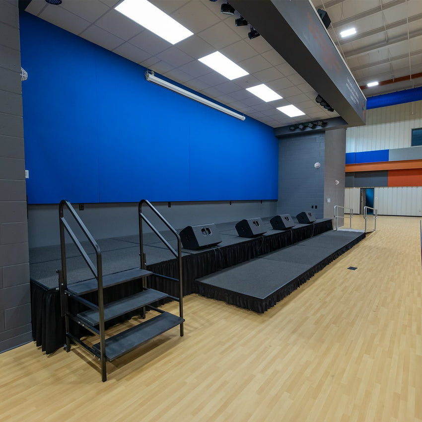 AmTab Fixed Height Stage - Charcoal Carpet Top - 48"W x 96"L x 32"H Titanium Metal Frame (AMT - QUICK - ST4832C - CHARCT) - SchoolOutlet