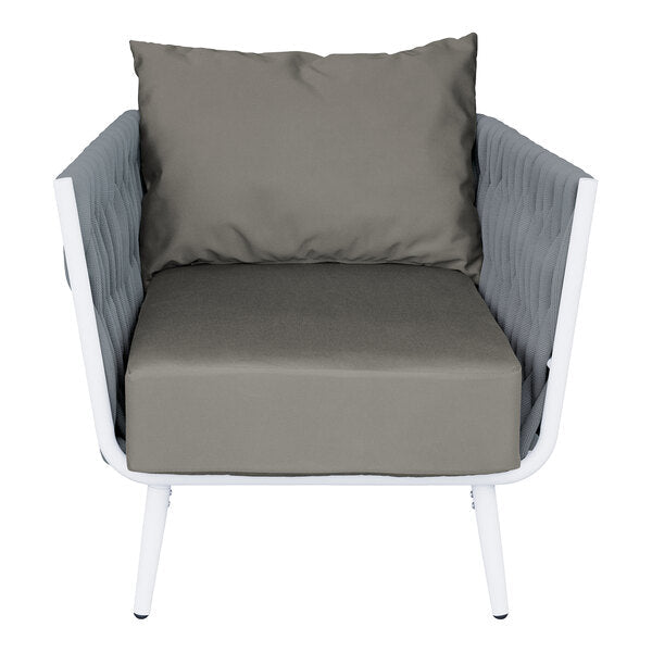 BFM Seating Cayman Armchair - Medium Gray flat rope, White powder coat aluminum, ganging bracket - (BFM - PHPAGRWH - SchoolOutlet