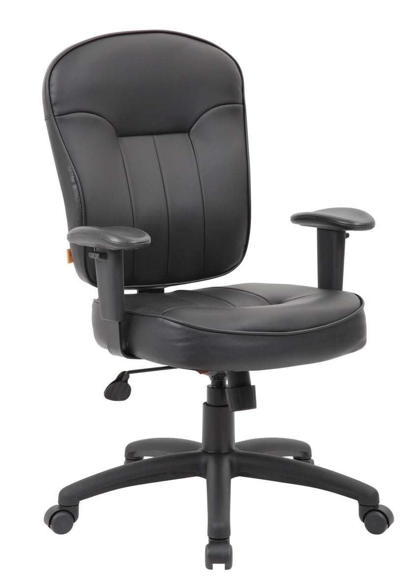 Boss LeatherPlus Mid - Back Task Chair with Adjustable Arms, Black (B1563) - SchoolOutlet