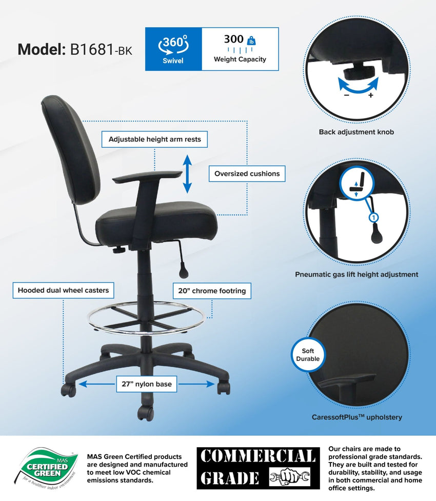 Boss CaressoftPlus Heavy - Duty Oversized Drafting Stool with Adjustable Arms, Black (B1681) - SchoolOutlet