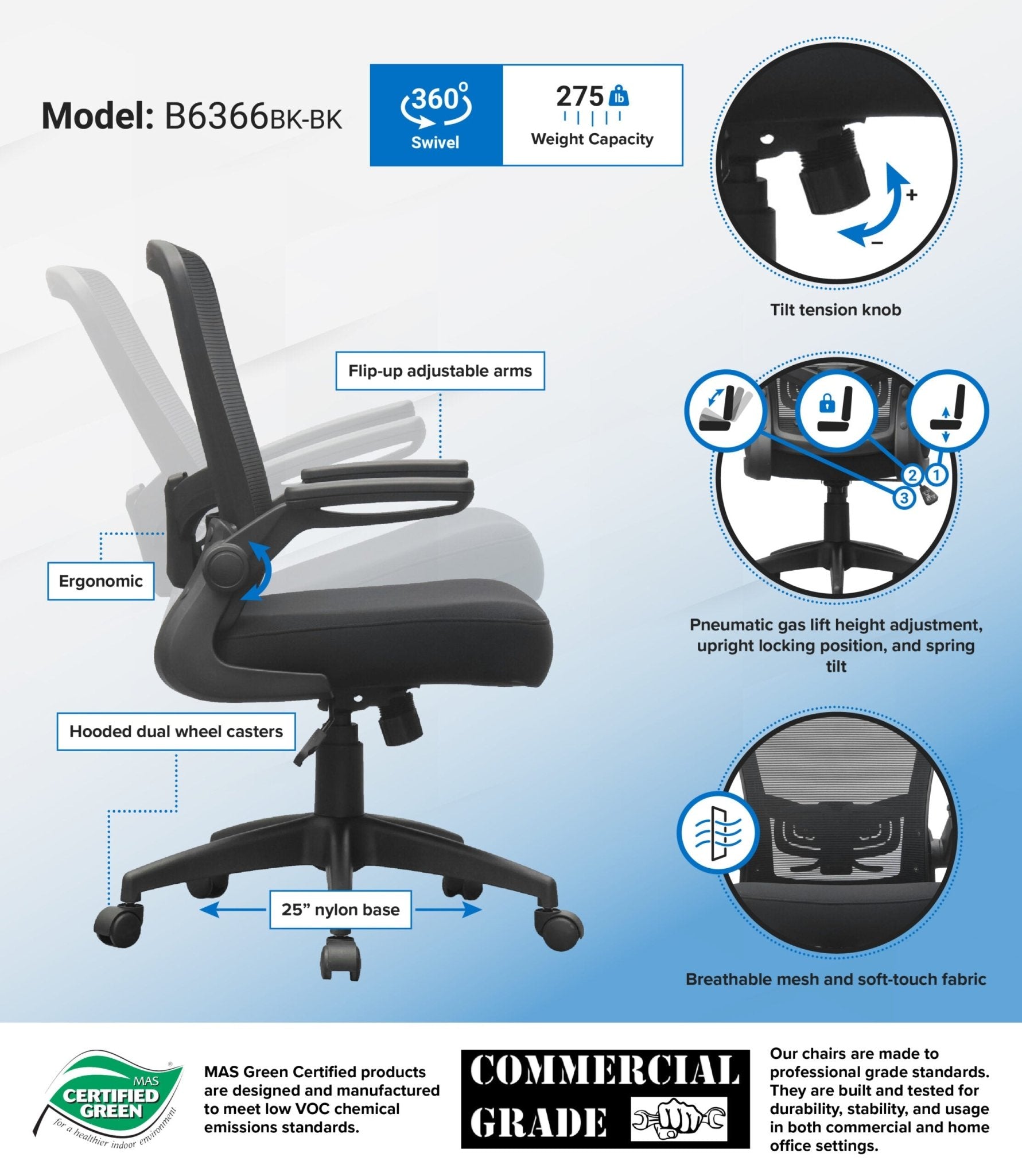 Boss Contemporary Mesh / Fabric High - Back Ergonomic Task Chair with Flip - Up Arms and Spring - Tilt Mechanism, Black (B6366BK) - SchoolOutlet