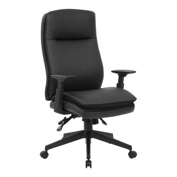 Boss CaressoftPlus Vinyl High - Back Ergonomic Executive Chair with Adjustable T - Arms, Black (B730) - SchoolOutlet
