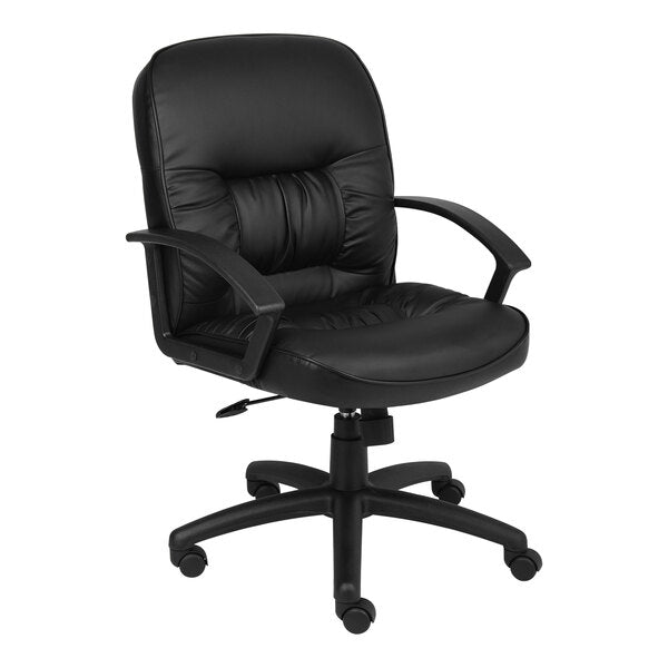Boss LeatherPlus Mid - Back Executive Chair with Nylon Base and Polypropylene Loop Arms, Black (B7306) - SchoolOutlet