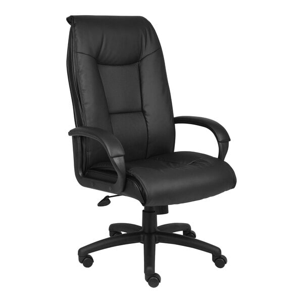 Boss LeatherPlus High - Back Executive Chair with Padded Loop Arms and Pillow - Top Cushions, Black (B7601) - SchoolOutlet