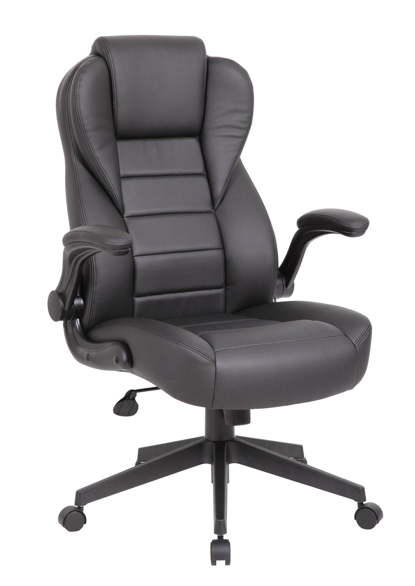 Boss CaressoftPlus Vinyl High - Back Executive Chair with Flip - Up Arms, Black (B8551) - SchoolOutlet