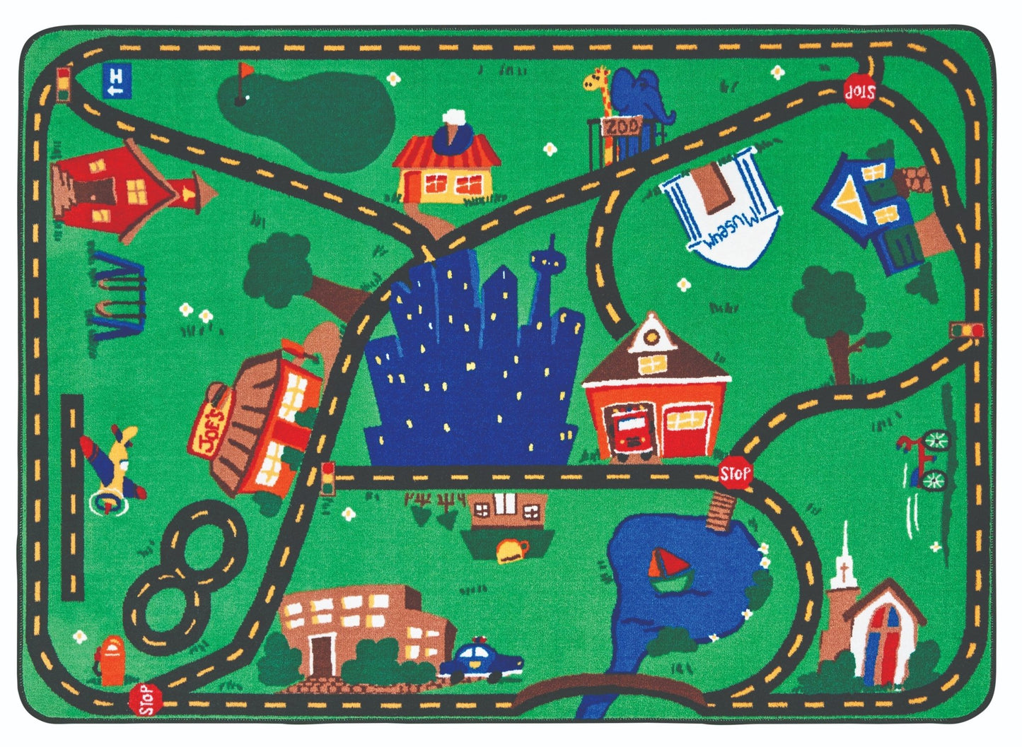 Carpets for Kids Cruisin Around the Town Play Rug, Green, 3'10" x 5'5" (CFK - 1013) - SchoolOutlet