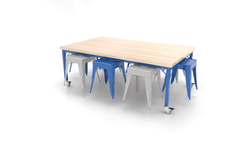 CEF Brainstorm Workbench 26"H with Butcher Block Top and Steel Frame, 8 Magnetic Metal Stools Included, for Kindergarten - 2nd Grade