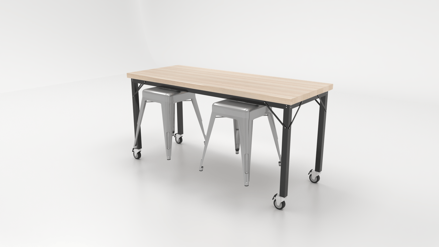 CEF Brainstorm Workbench 30"H with Butcher Block Top and Steel Frame, 2 Magnetic Metal Stools Included, for 3rd Grade and Up - SchoolOutlet