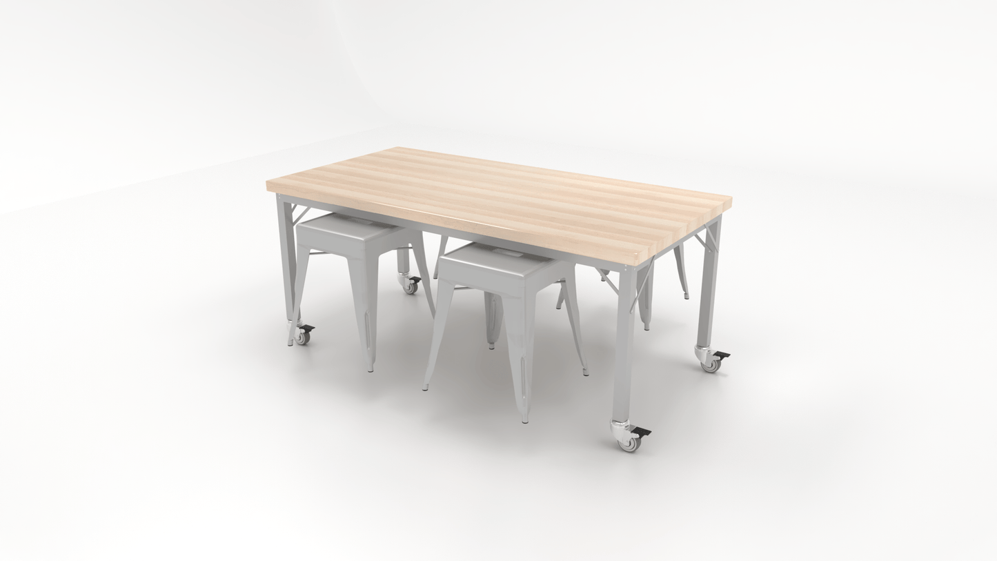 CEF Brainstorm Workbench 30"H with Butcher Block Top and Steel Frame, 4 Magnetic Metal Stools Included, for 3rd Grade and Up - SchoolOutlet
