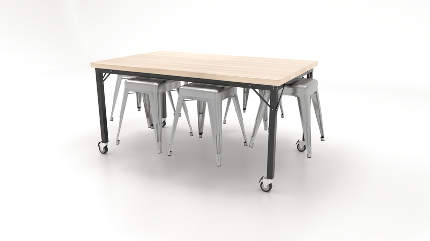 CEF Brainstorm Workbench 30"H with Butcher Block Top and Steel Frame, 6 Magnetic Metal Stools Included, for 3rd Grade and Up - SchoolOutlet