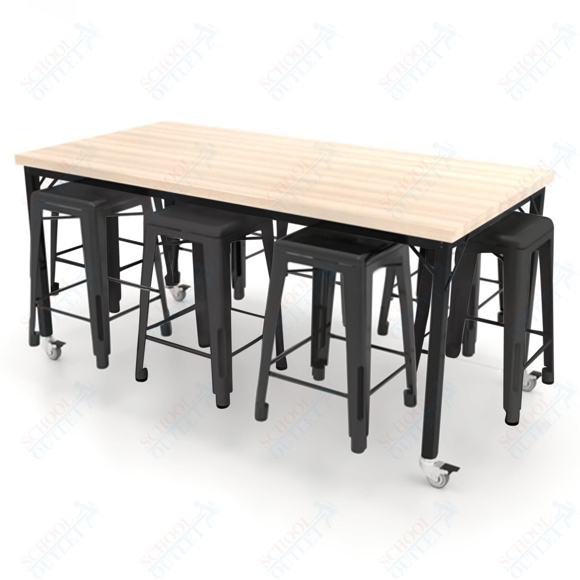CEF Brainstorm Workbench 34"H with Butcher Block Top and Steel Frame, 8 Magnetic Metal Stools Included, for 3rd Grade and Up ADA Compliant - SchoolOutlet