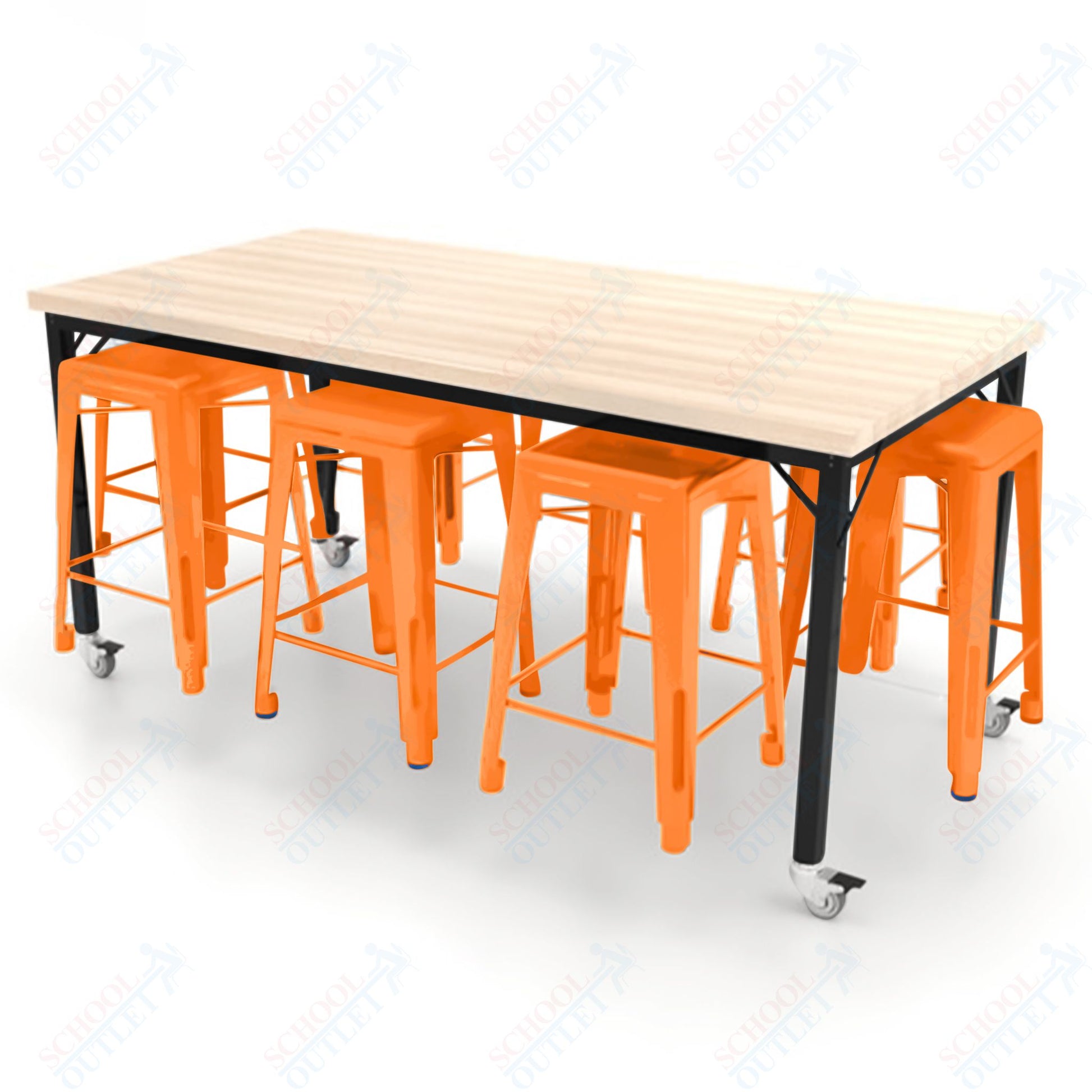 CEF Brainstorm Workbench 34"H with Butcher Block Top and Steel Frame, 8 Magnetic Metal Stools Included, for 3rd Grade and Up ADA Compliant - SchoolOutlet
