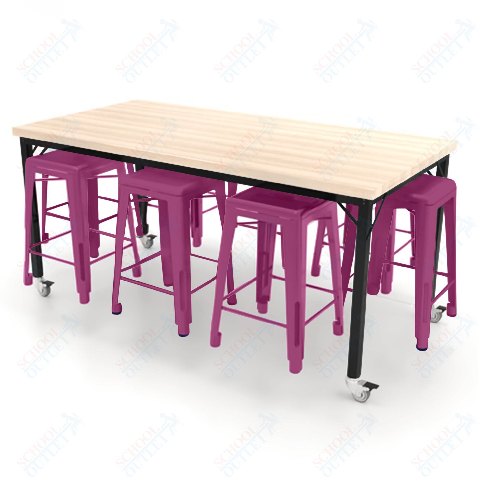 CEF Brainstorm Workbench 34"H with Butcher Block Top and Steel Frame, 8 Magnetic Metal Stools Included, for 3rd Grade and Up ADA Compliant - SchoolOutlet