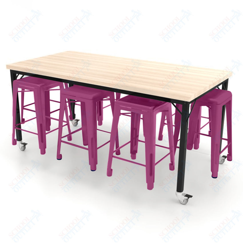 CEF Brainstorm Workbench 34"H with Butcher Block Top and Steel Frame, 8 Magnetic Metal Stools Included, for 3rd Grade and Up ADA Compliant - SchoolOutlet