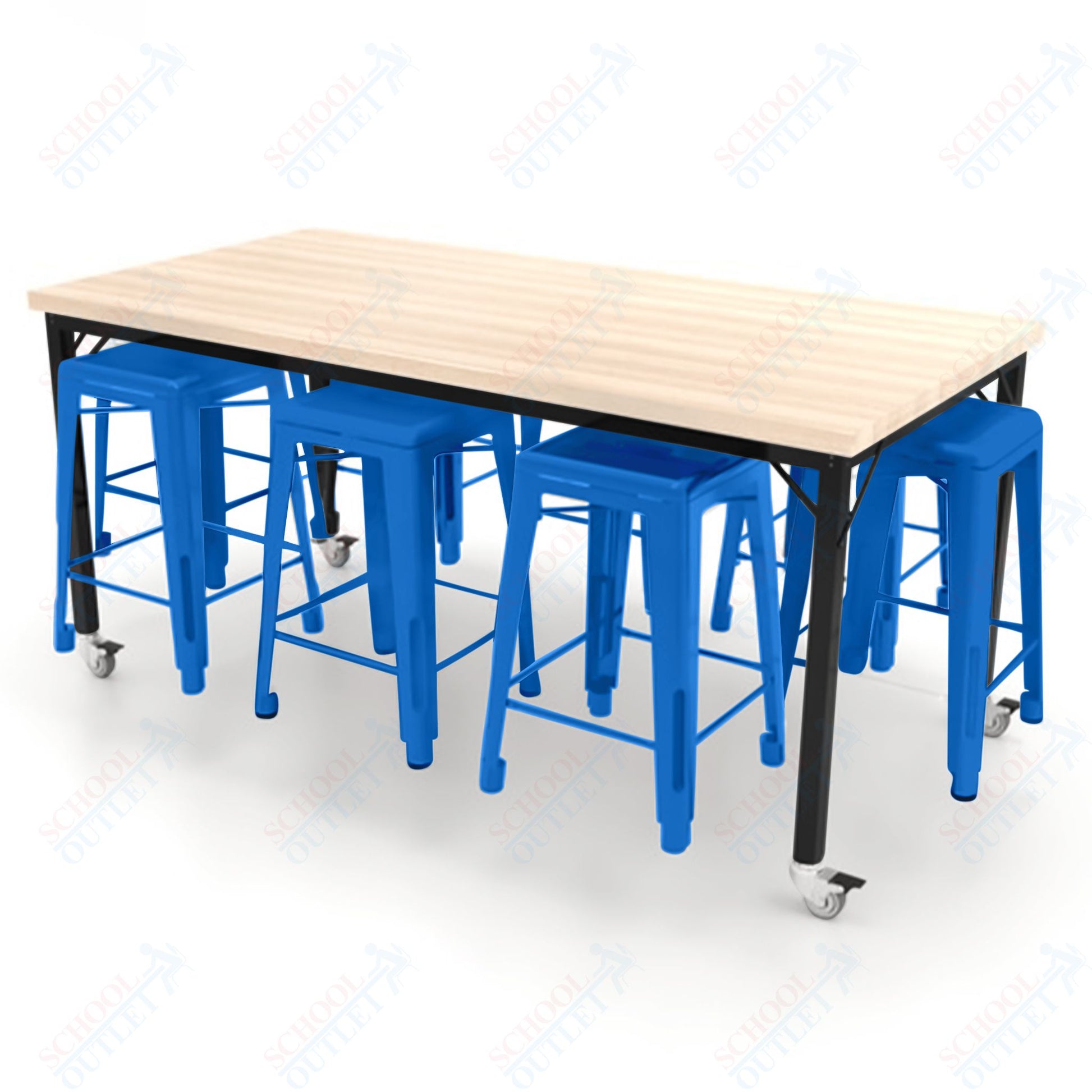 CEF Brainstorm Workbench 34"H with Butcher Block Top and Steel Frame, 8 Magnetic Metal Stools Included, for 3rd Grade and Up ADA Compliant - SchoolOutlet