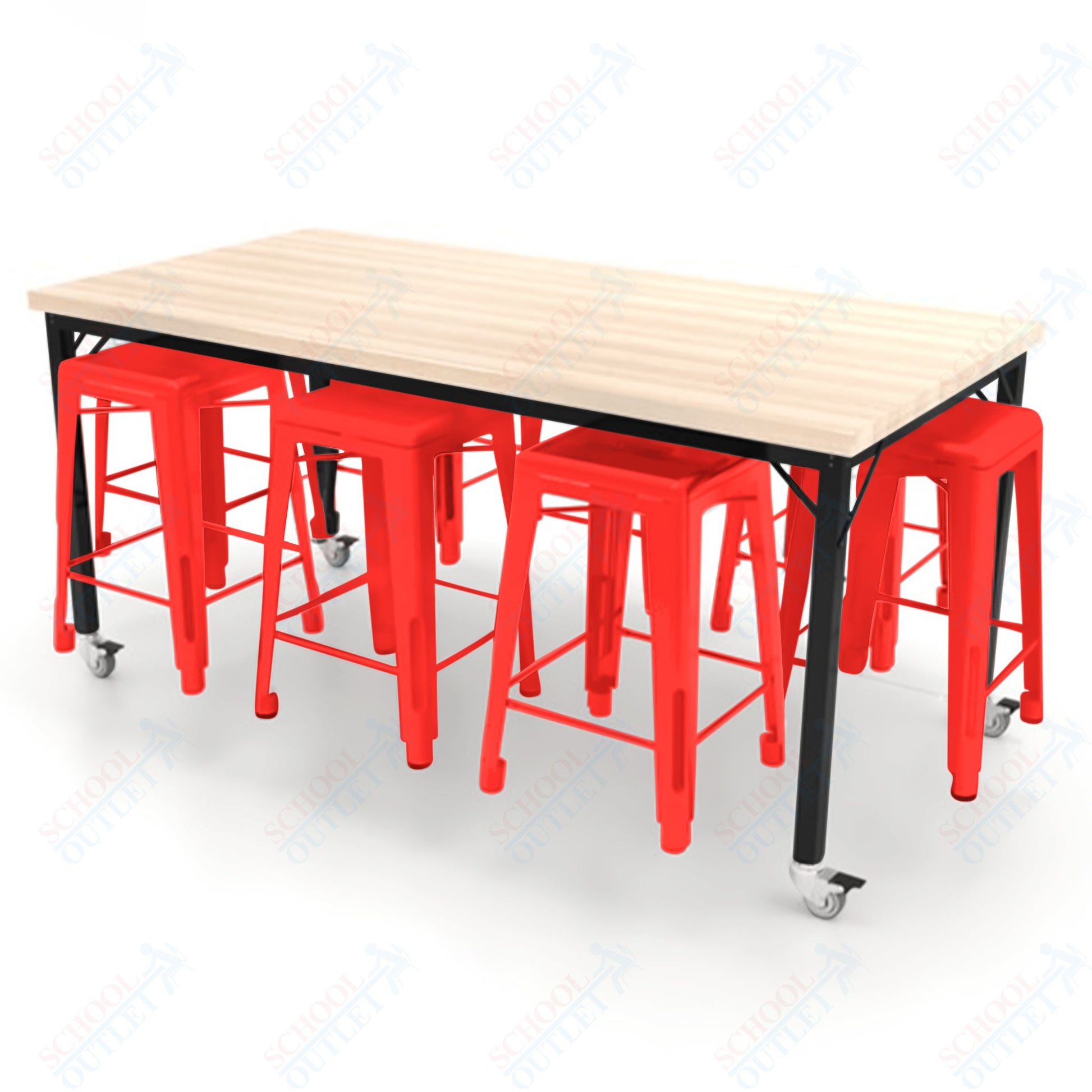 CEF Brainstorm Workbench 34"H with Butcher Block Top and Steel Frame, 8 Magnetic Metal Stools Included, for 3rd Grade and Up ADA Compliant - SchoolOutlet