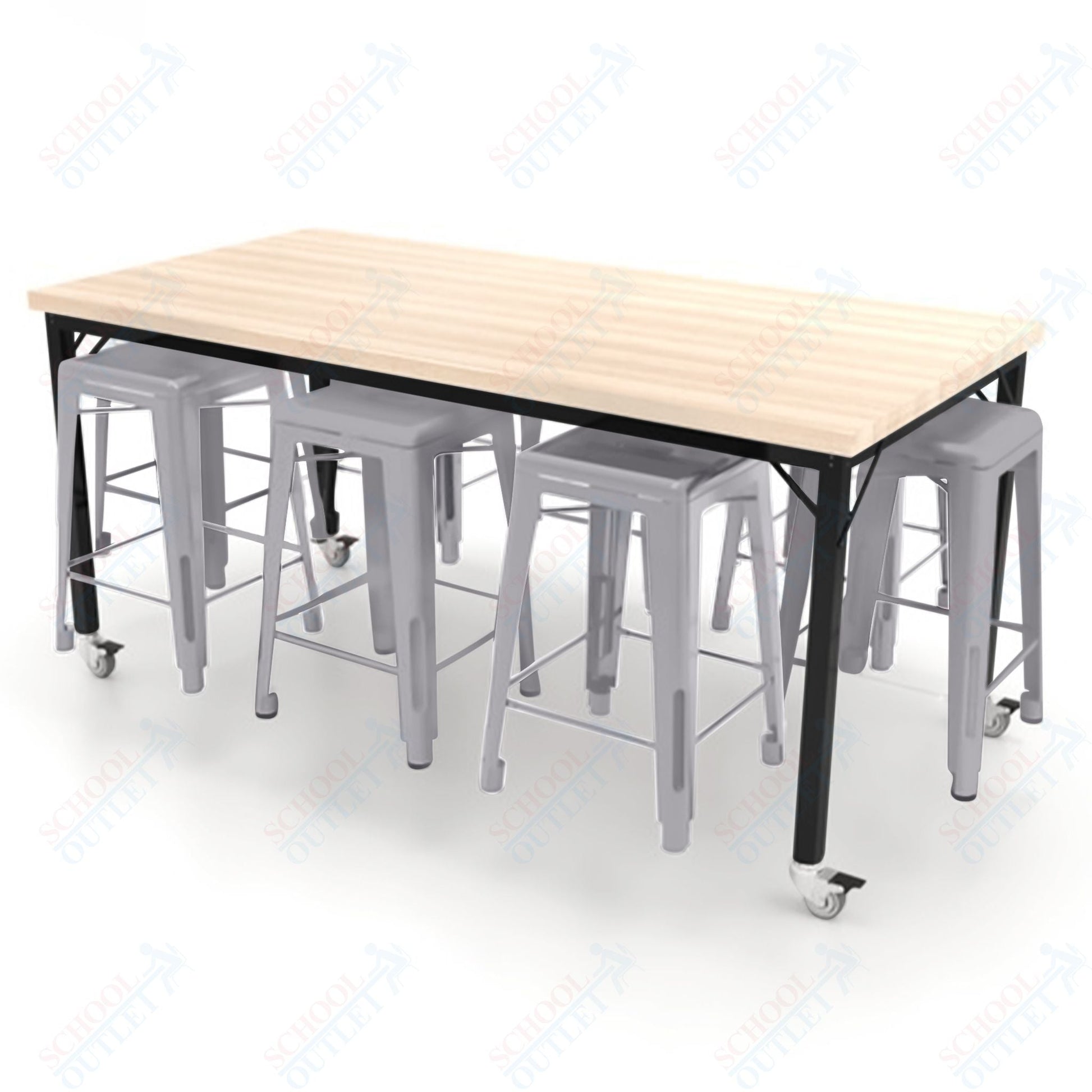 CEF Brainstorm Workbench 34"H with Butcher Block Top and Steel Frame, 8 Magnetic Metal Stools Included, for 3rd Grade and Up ADA Compliant - SchoolOutlet