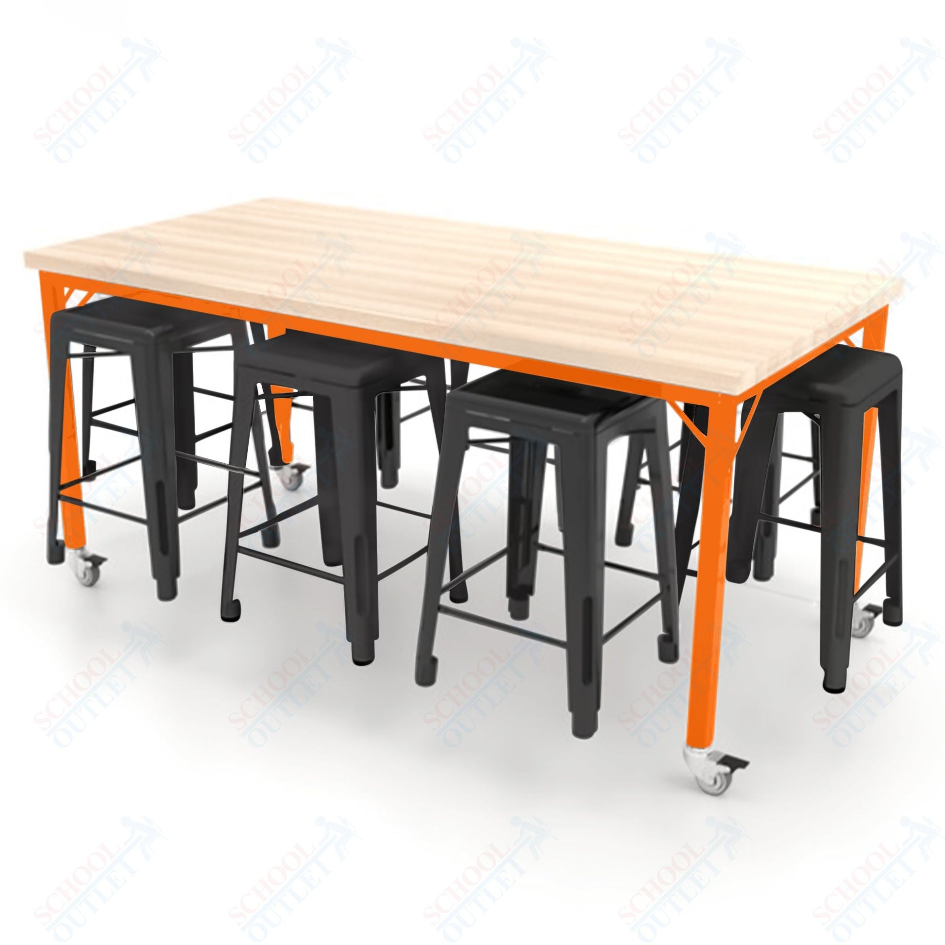 CEF Brainstorm Workbench 34"H with Butcher Block Top and Steel Frame, 8 Magnetic Metal Stools Included, for 3rd Grade and Up ADA Compliant - SchoolOutlet