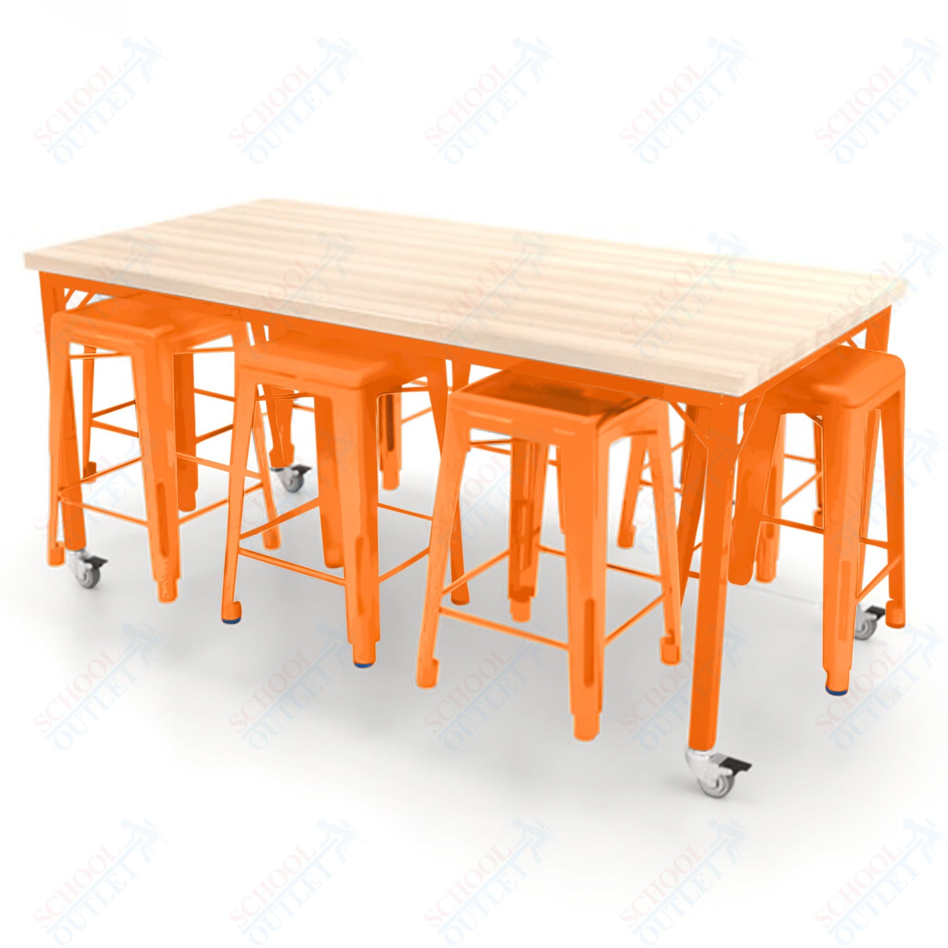 CEF Brainstorm Workbench 34"H with Butcher Block Top and Steel Frame, 8 Magnetic Metal Stools Included, for 3rd Grade and Up ADA Compliant - SchoolOutlet