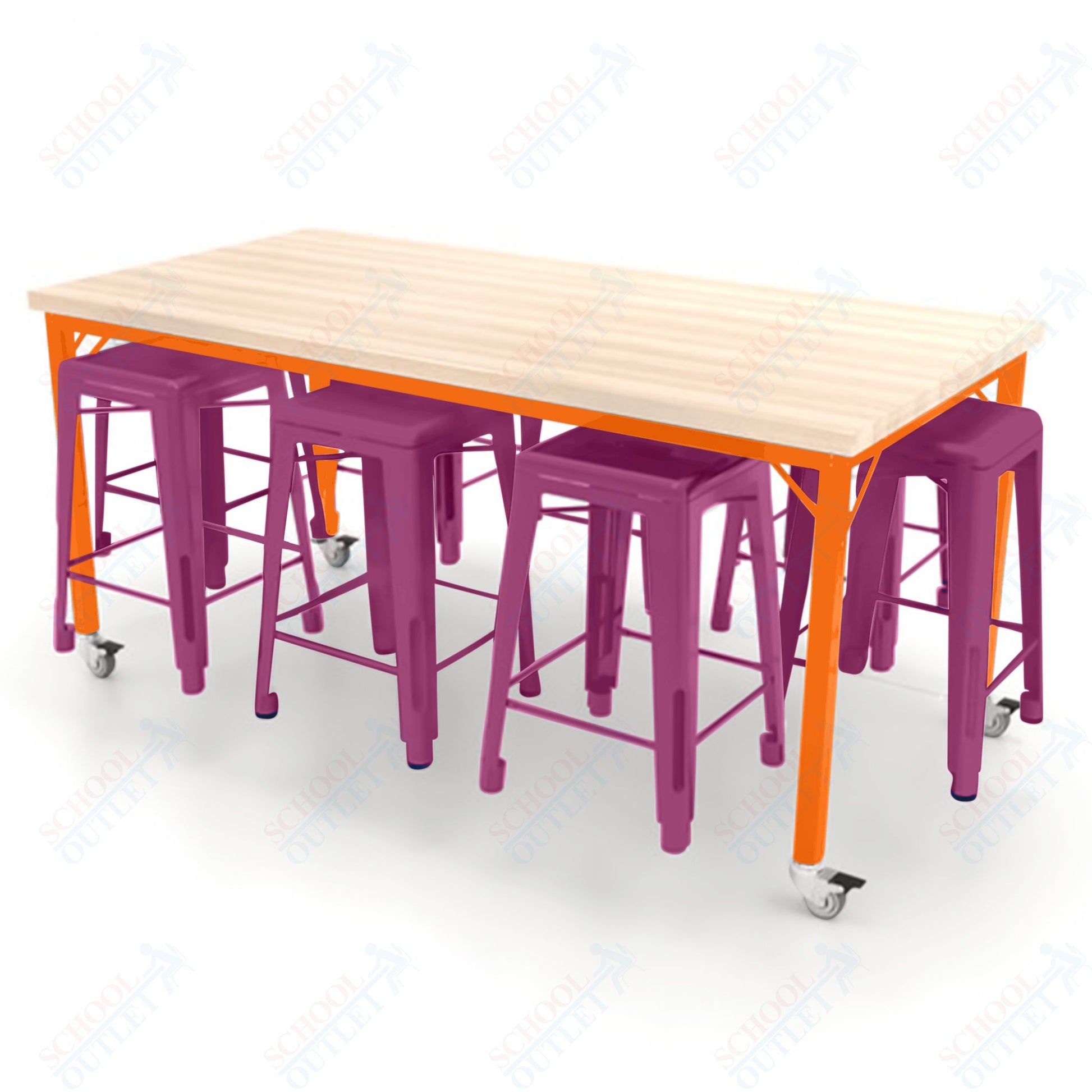 CEF Brainstorm Workbench 34"H with Butcher Block Top and Steel Frame, 8 Magnetic Metal Stools Included, for 3rd Grade and Up ADA Compliant - SchoolOutlet