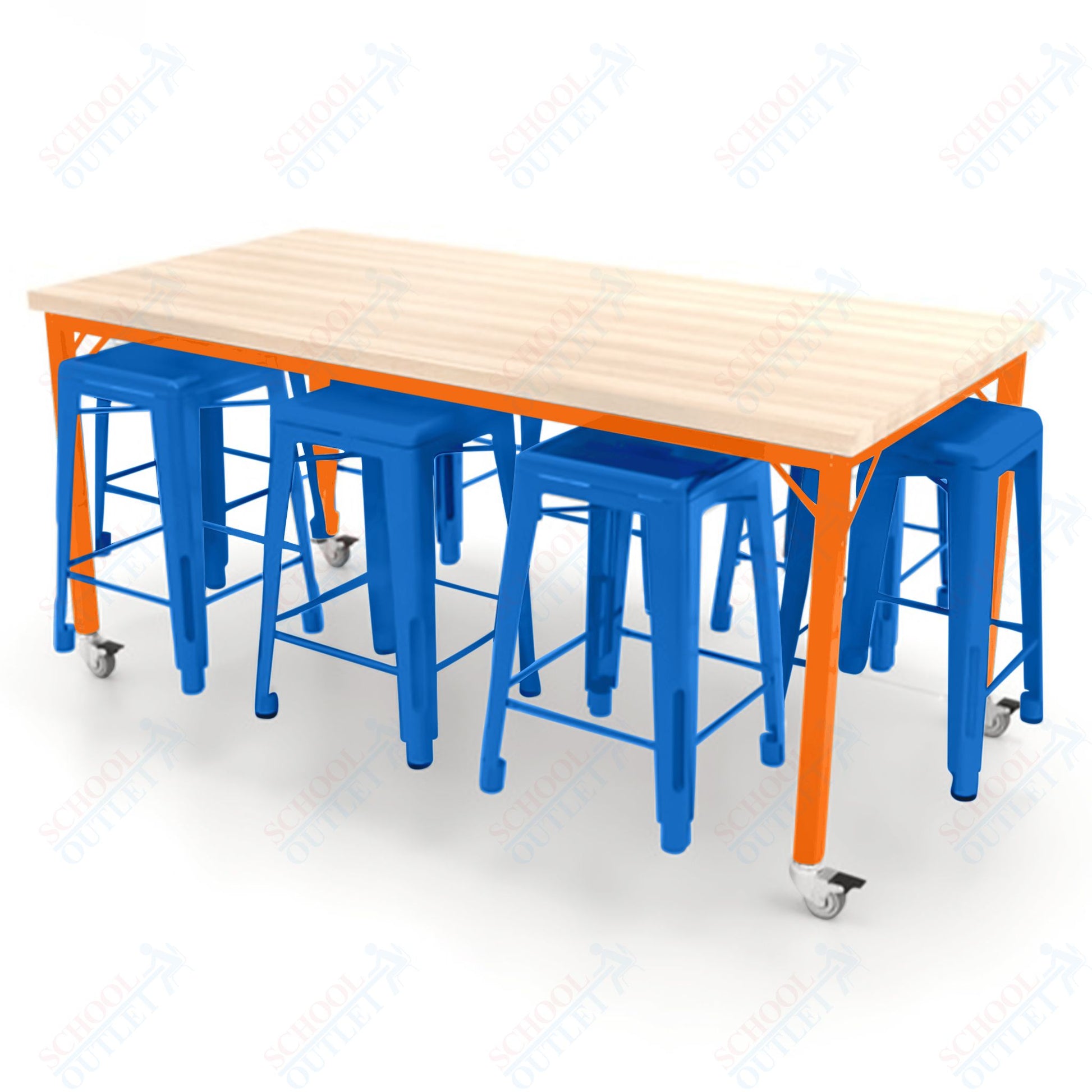 CEF Brainstorm Workbench 34"H with Butcher Block Top and Steel Frame, 8 Magnetic Metal Stools Included, for 3rd Grade and Up ADA Compliant - SchoolOutlet