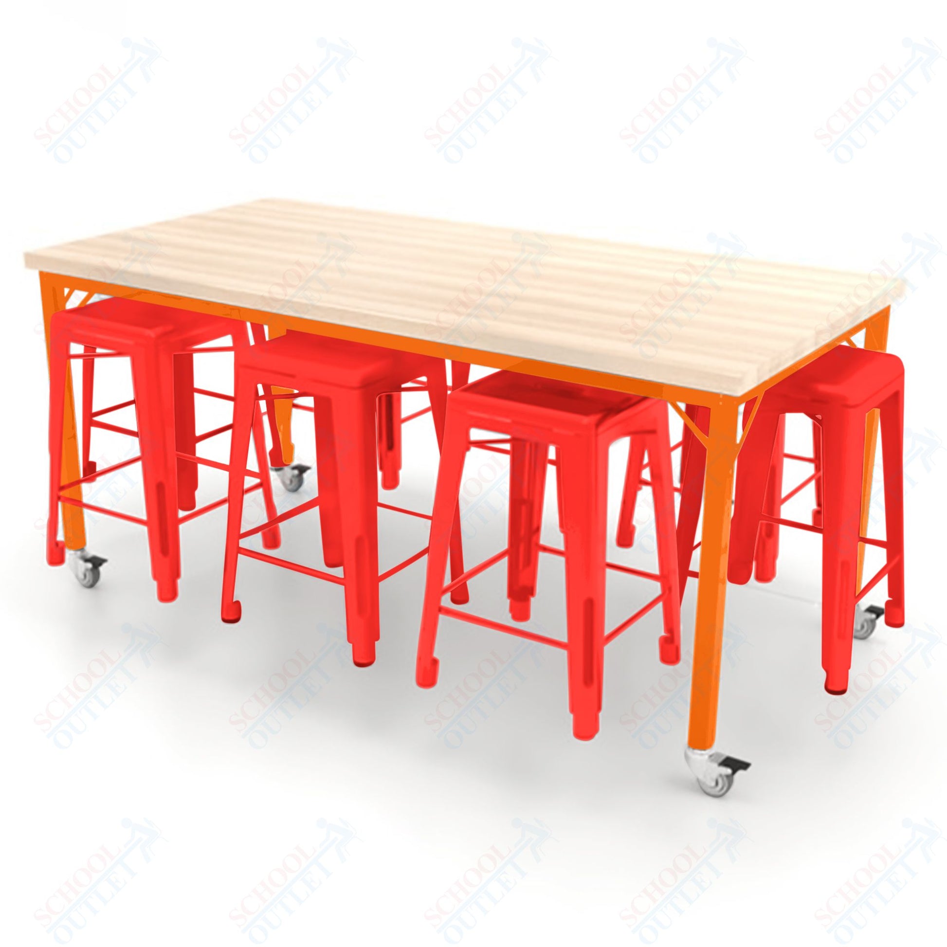 CEF Brainstorm Workbench 34"H with Butcher Block Top and Steel Frame, 8 Magnetic Metal Stools Included, for 3rd Grade and Up ADA Compliant - SchoolOutlet