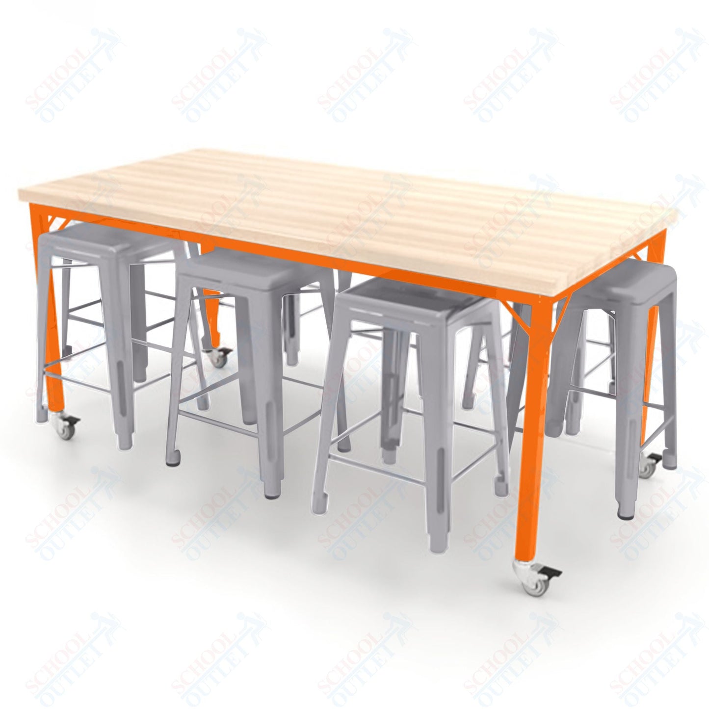 CEF Brainstorm Workbench 34"H with Butcher Block Top and Steel Frame, 8 Magnetic Metal Stools Included, for 3rd Grade and Up ADA Compliant - SchoolOutlet