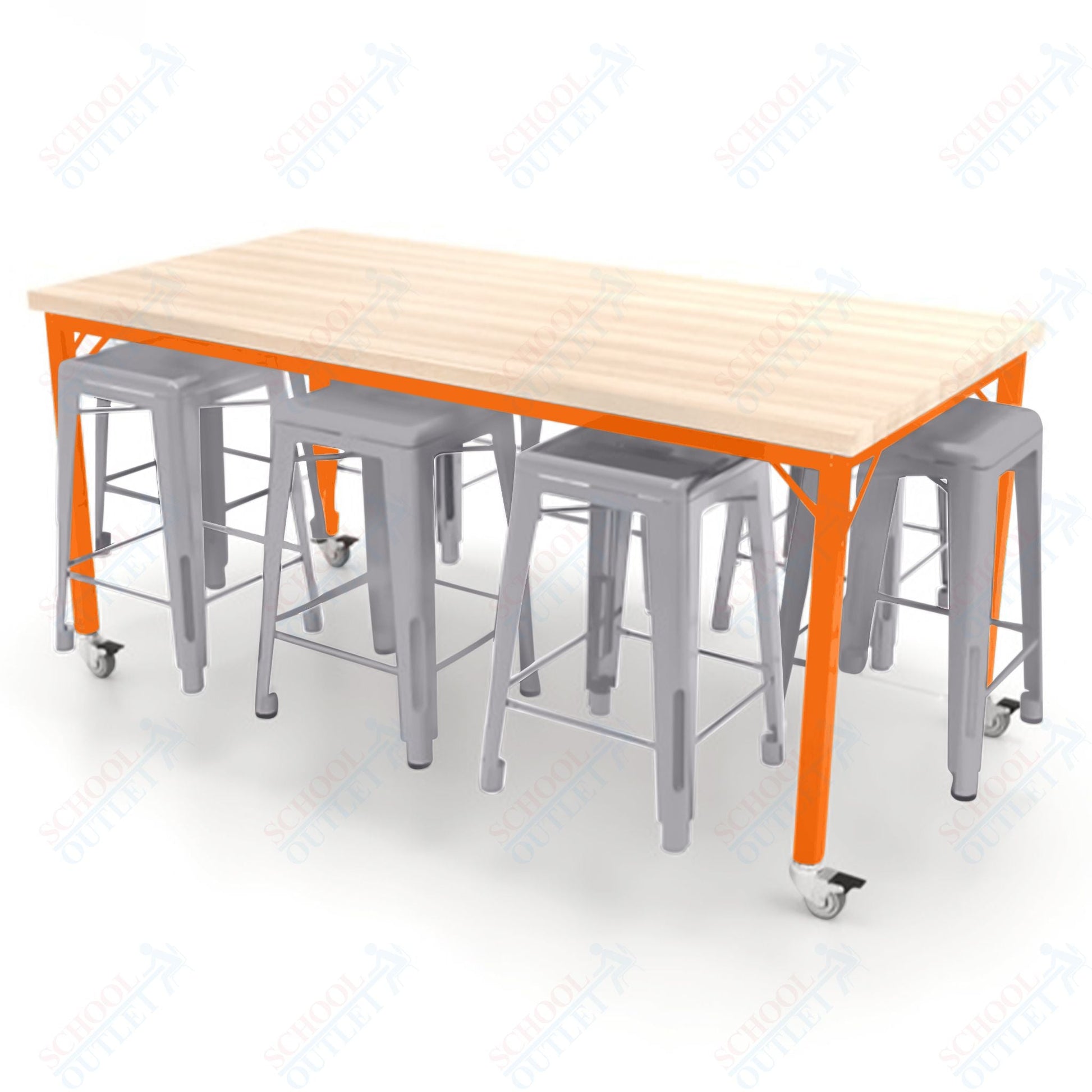 CEF Brainstorm Workbench 34"H with Butcher Block Top and Steel Frame, 8 Magnetic Metal Stools Included, for 3rd Grade and Up ADA Compliant - SchoolOutlet