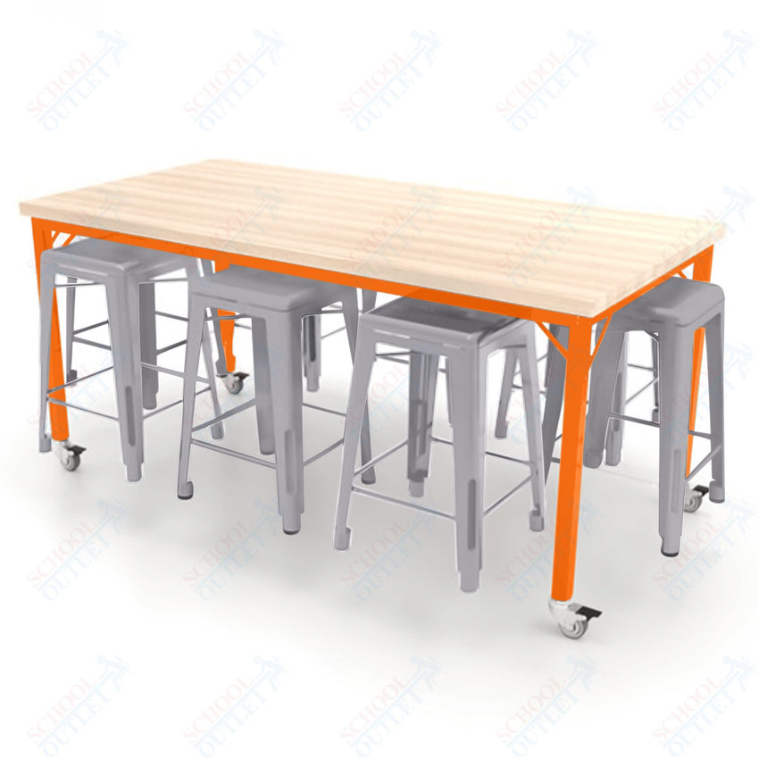 CEF Brainstorm Workbench 34"H with Butcher Block Top and Steel Frame, 8 Magnetic Metal Stools Included, for 3rd Grade and Up ADA Compliant - SchoolOutlet