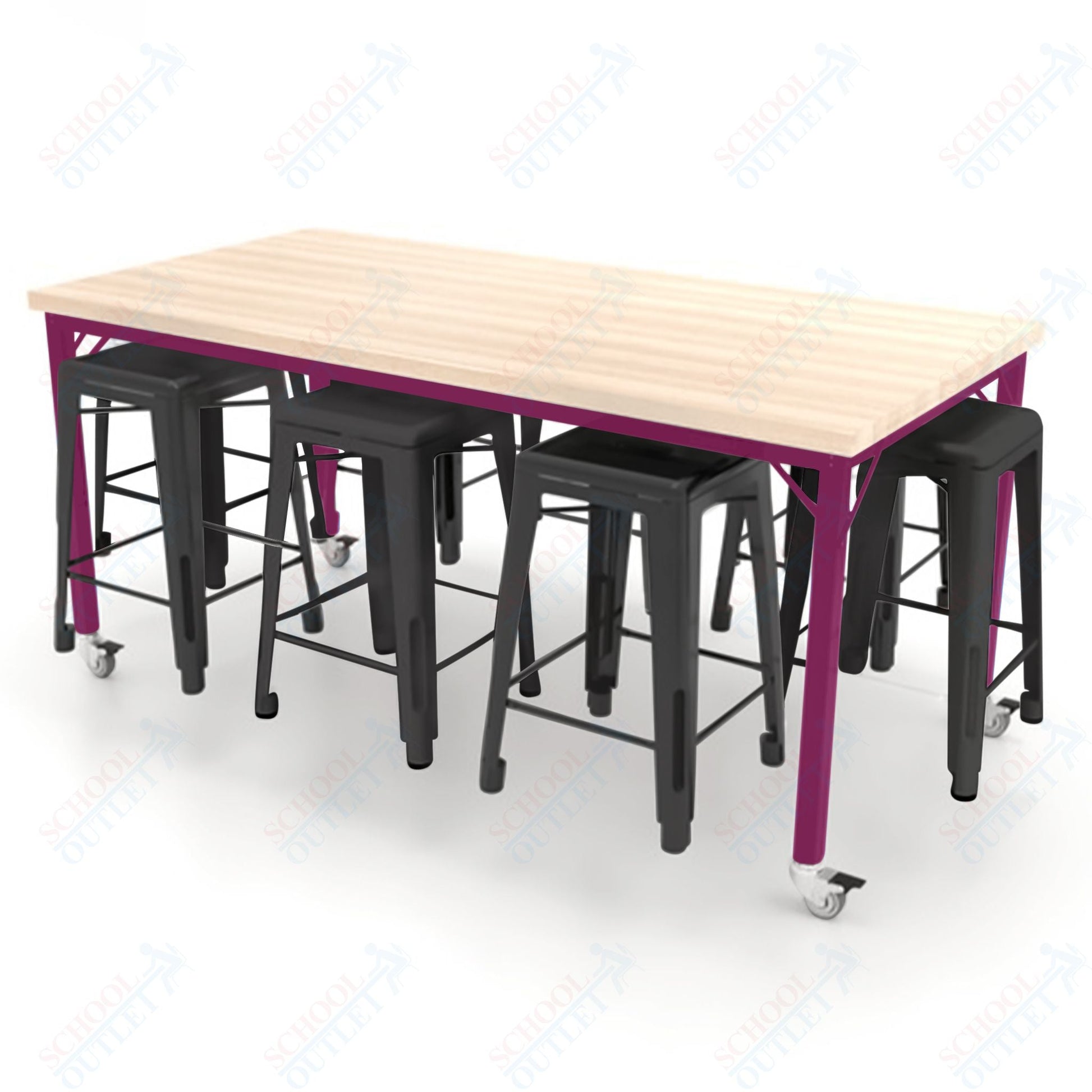CEF Brainstorm Workbench 34"H with Butcher Block Top and Steel Frame, 8 Magnetic Metal Stools Included, for 3rd Grade and Up ADA Compliant - SchoolOutlet