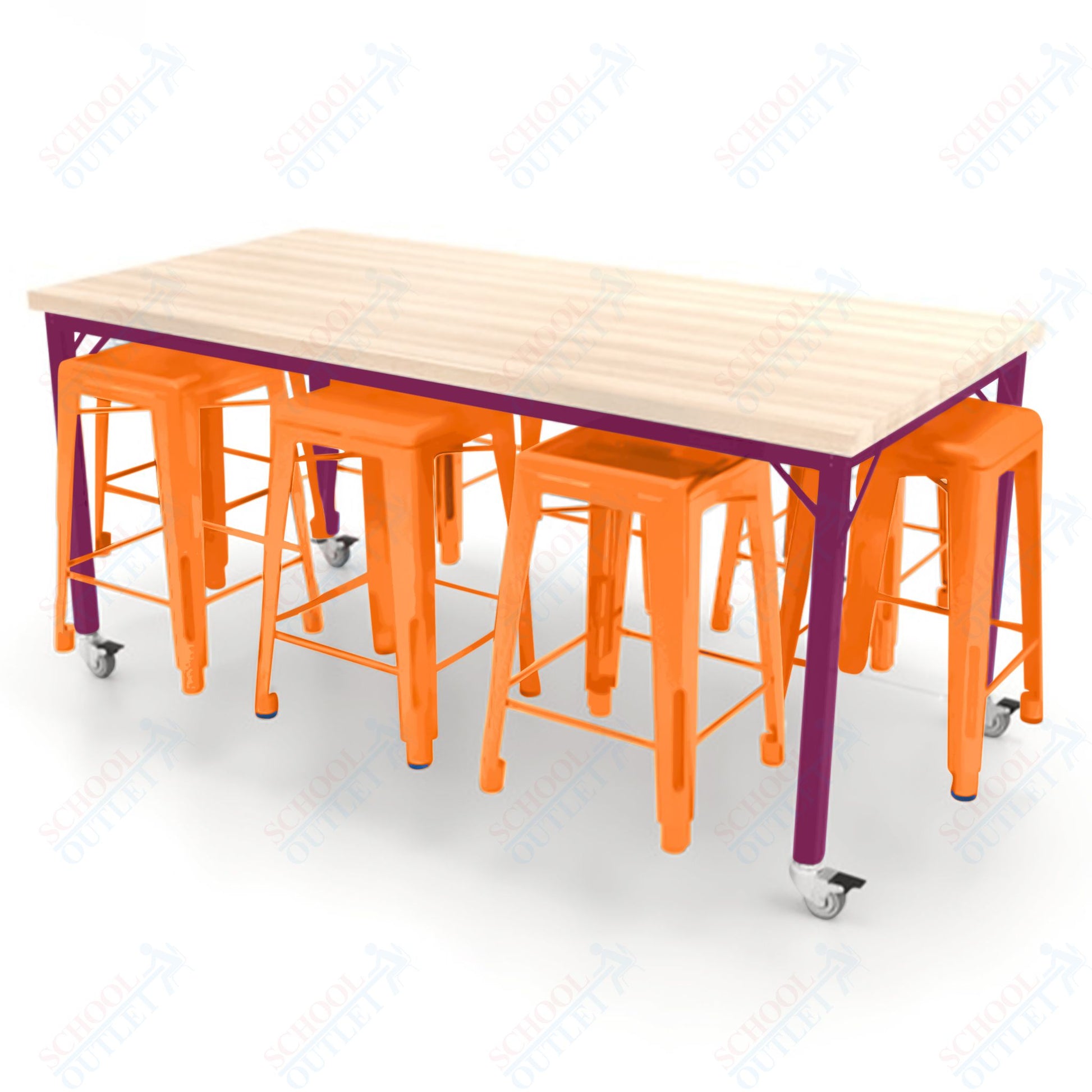 CEF Brainstorm Workbench 34"H with Butcher Block Top and Steel Frame, 8 Magnetic Metal Stools Included, for 3rd Grade and Up ADA Compliant - SchoolOutlet