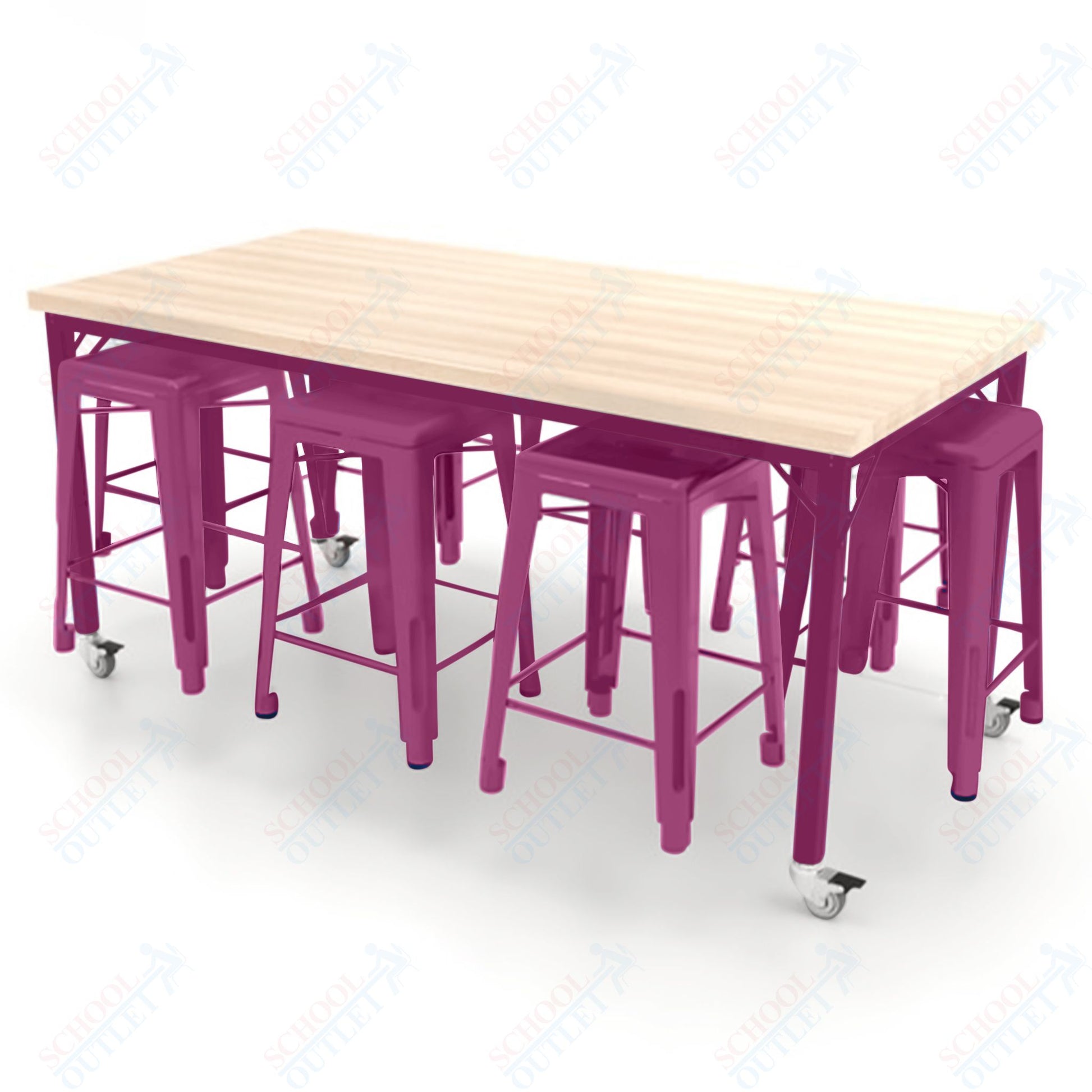 CEF Brainstorm Workbench 34"H with Butcher Block Top and Steel Frame, 8 Magnetic Metal Stools Included, for 3rd Grade and Up ADA Compliant - SchoolOutlet