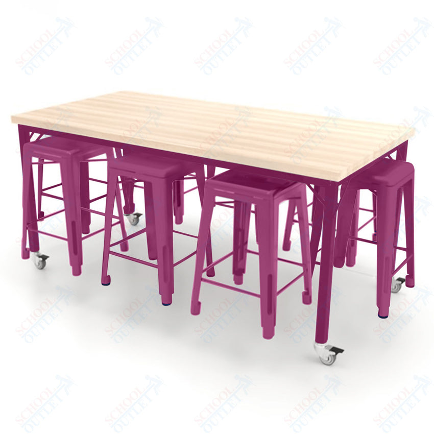 CEF Brainstorm Workbench 34"H with Butcher Block Top and Steel Frame, 8 Magnetic Metal Stools Included, for 3rd Grade and Up ADA Compliant - SchoolOutlet