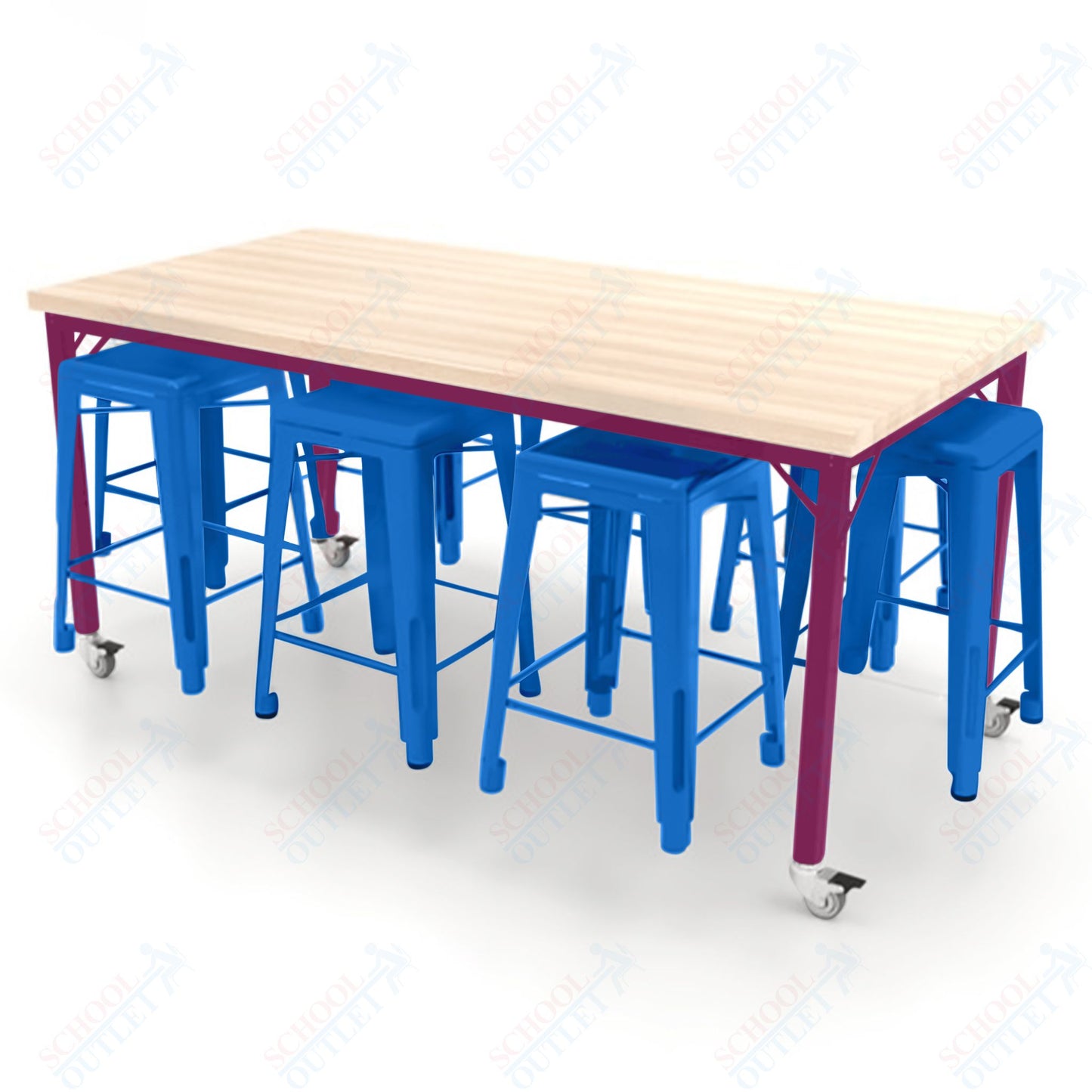 CEF Brainstorm Workbench 34"H with Butcher Block Top and Steel Frame, 8 Magnetic Metal Stools Included, for 3rd Grade and Up ADA Compliant - SchoolOutlet