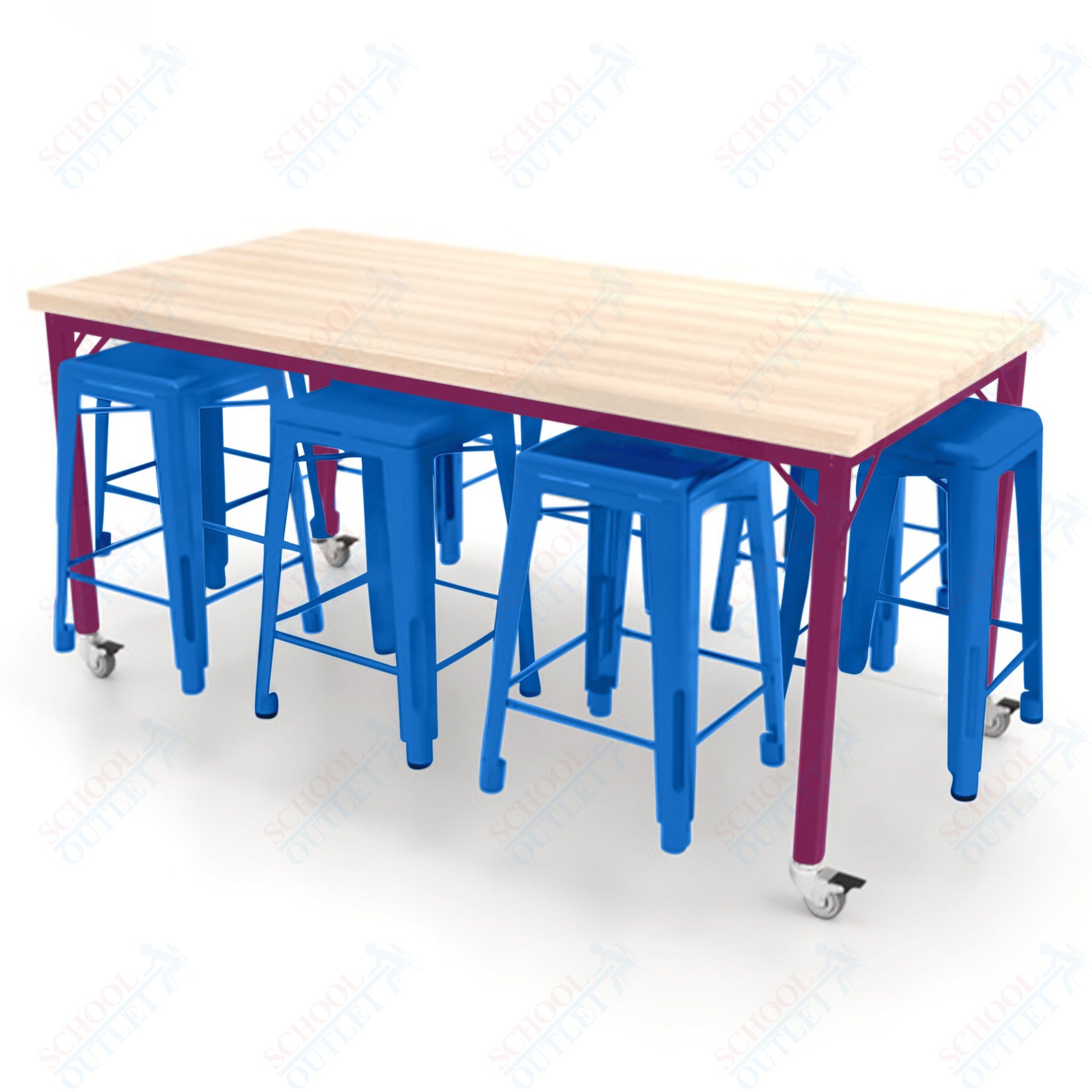 CEF Brainstorm Workbench 34"H with Butcher Block Top and Steel Frame, 8 Magnetic Metal Stools Included, for 3rd Grade and Up ADA Compliant - SchoolOutlet
