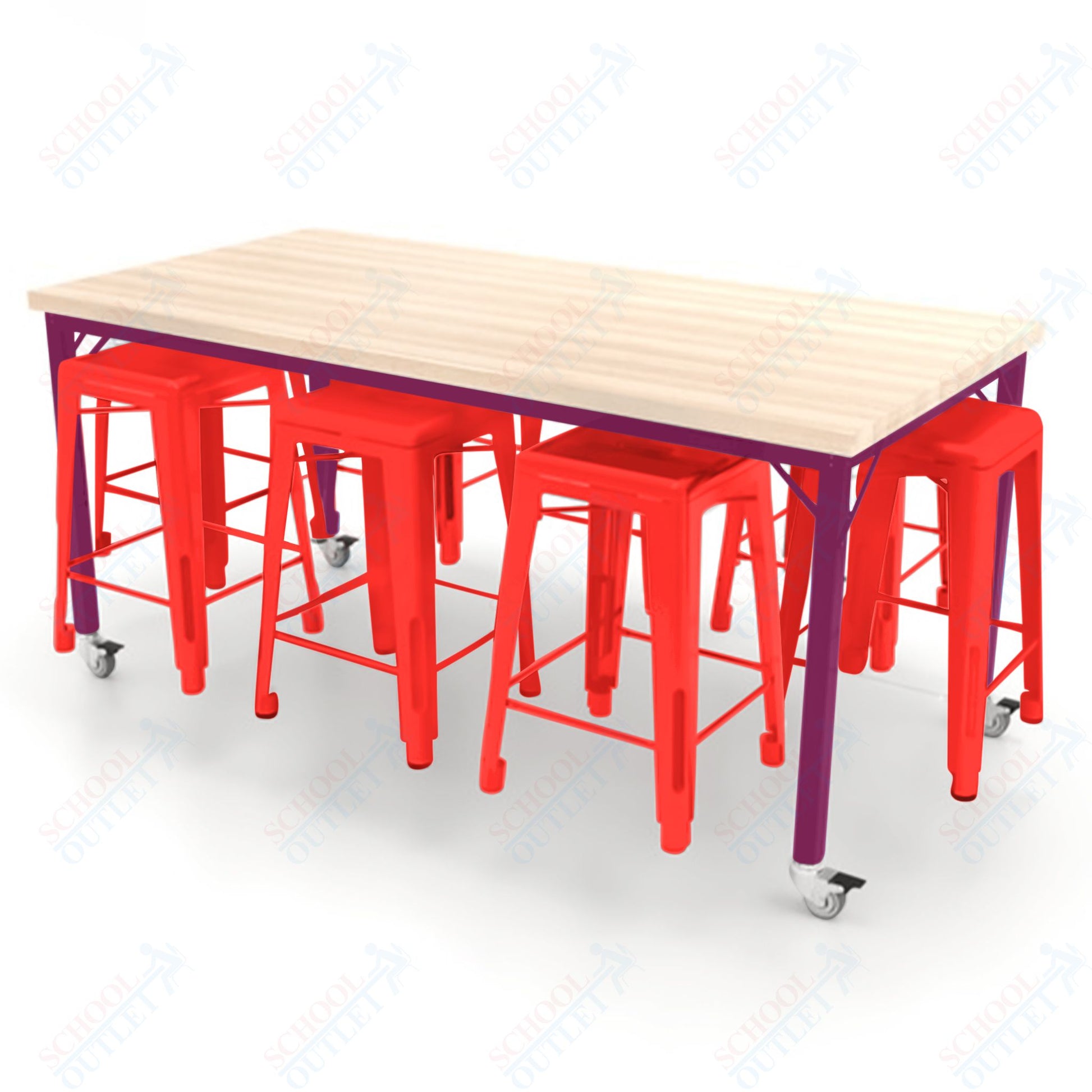 CEF Brainstorm Workbench 34"H with Butcher Block Top and Steel Frame, 8 Magnetic Metal Stools Included, for 3rd Grade and Up ADA Compliant - SchoolOutlet