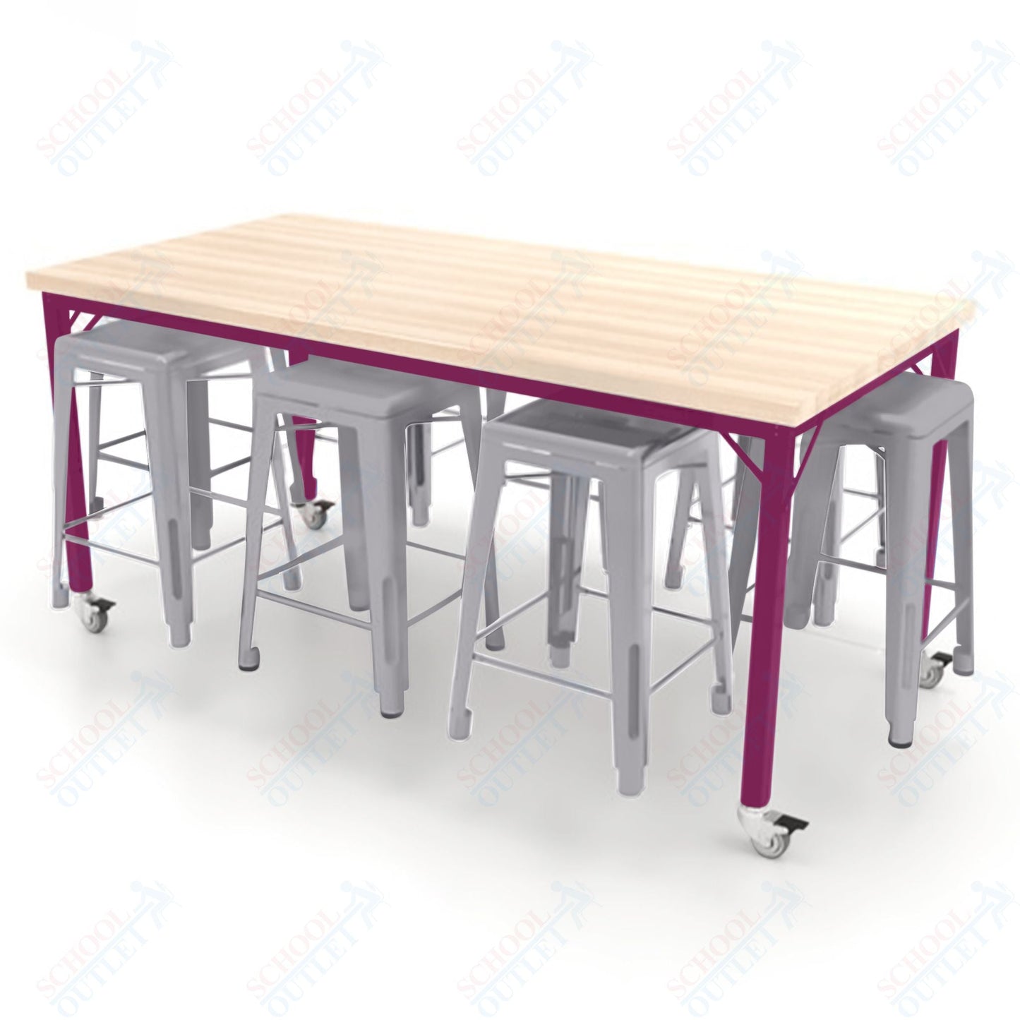CEF Brainstorm Workbench 34"H with Butcher Block Top and Steel Frame, 8 Magnetic Metal Stools Included, for 3rd Grade and Up ADA Compliant - SchoolOutlet