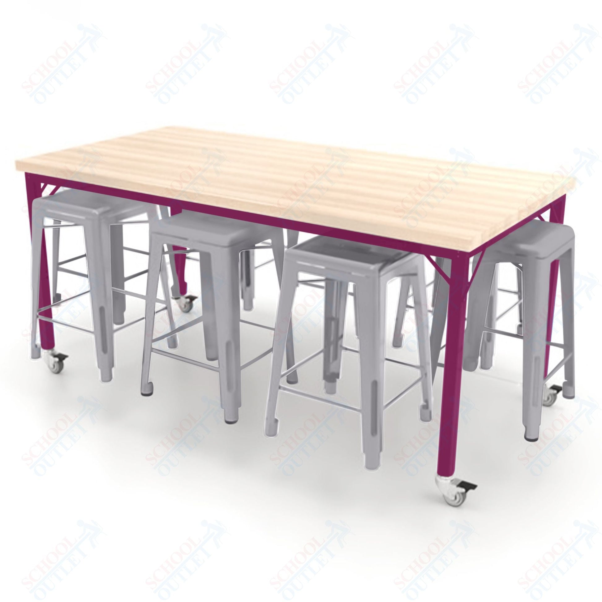 CEF Brainstorm Workbench 34"H with Butcher Block Top and Steel Frame, 8 Magnetic Metal Stools Included, for 3rd Grade and Up ADA Compliant - SchoolOutlet