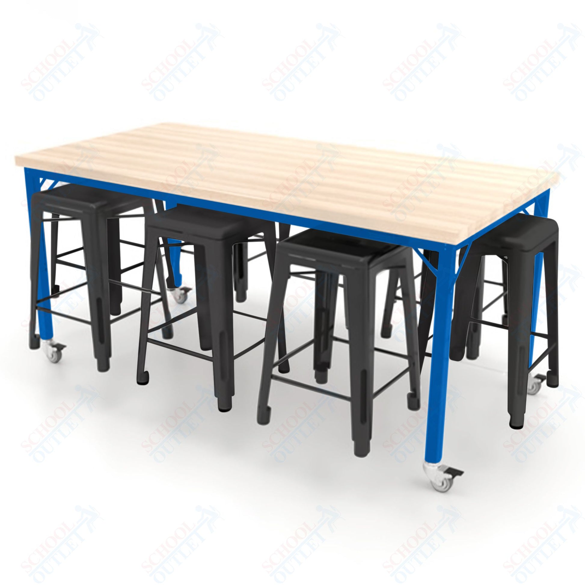 CEF Brainstorm Workbench 34"H with Butcher Block Top and Steel Frame, 8 Magnetic Metal Stools Included, for 3rd Grade and Up ADA Compliant - SchoolOutlet
