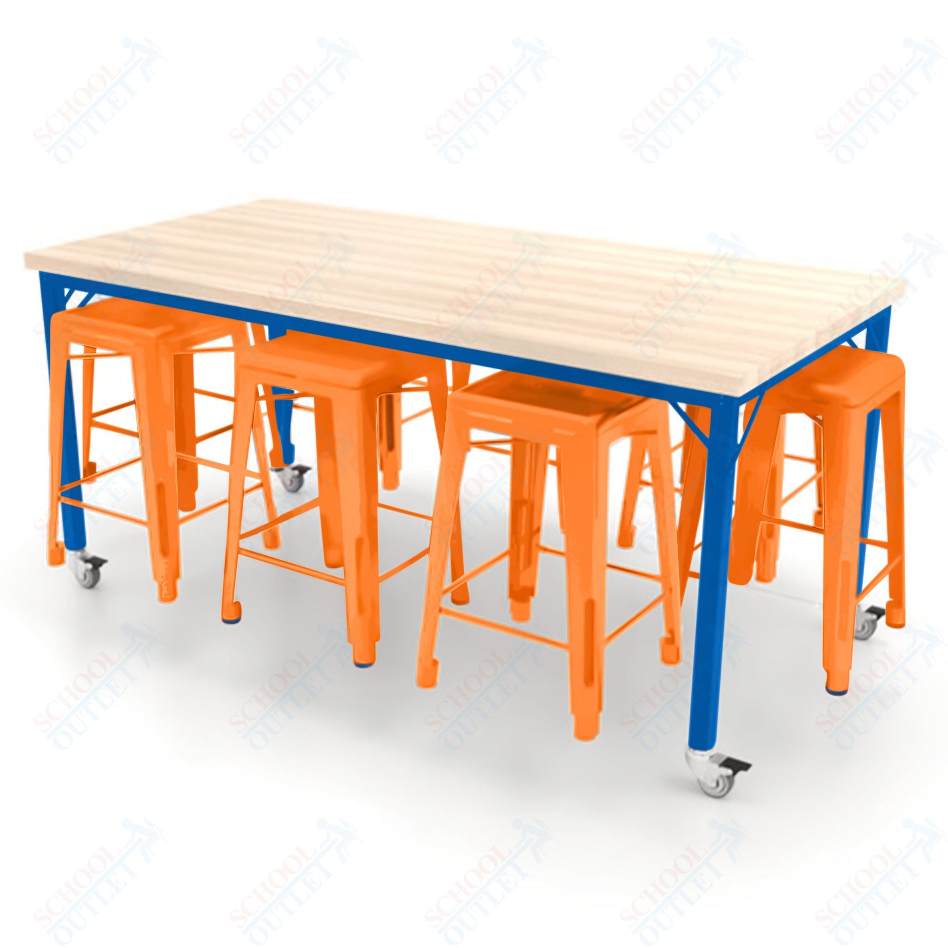 CEF Brainstorm Workbench 34"H with Butcher Block Top and Steel Frame, 8 Magnetic Metal Stools Included, for 3rd Grade and Up ADA Compliant - SchoolOutlet