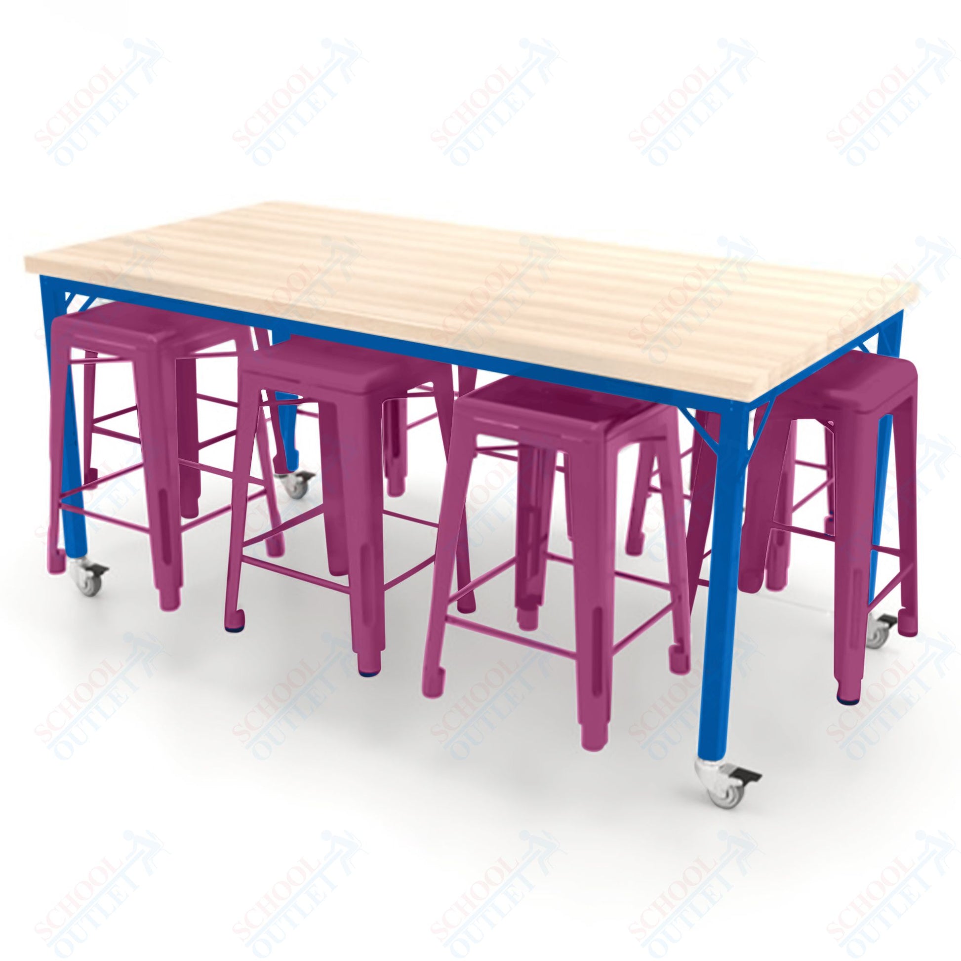 CEF Brainstorm Workbench 34"H with Butcher Block Top and Steel Frame, 8 Magnetic Metal Stools Included, for 3rd Grade and Up ADA Compliant - SchoolOutlet